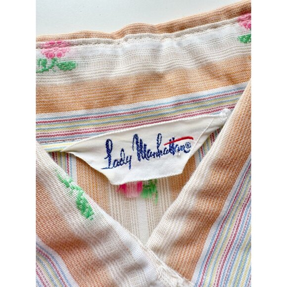 Vintage 70's LADY MANHATTAN Rose Embroidered Striped Button Down Shirt, Size M - Picture 13 of 14